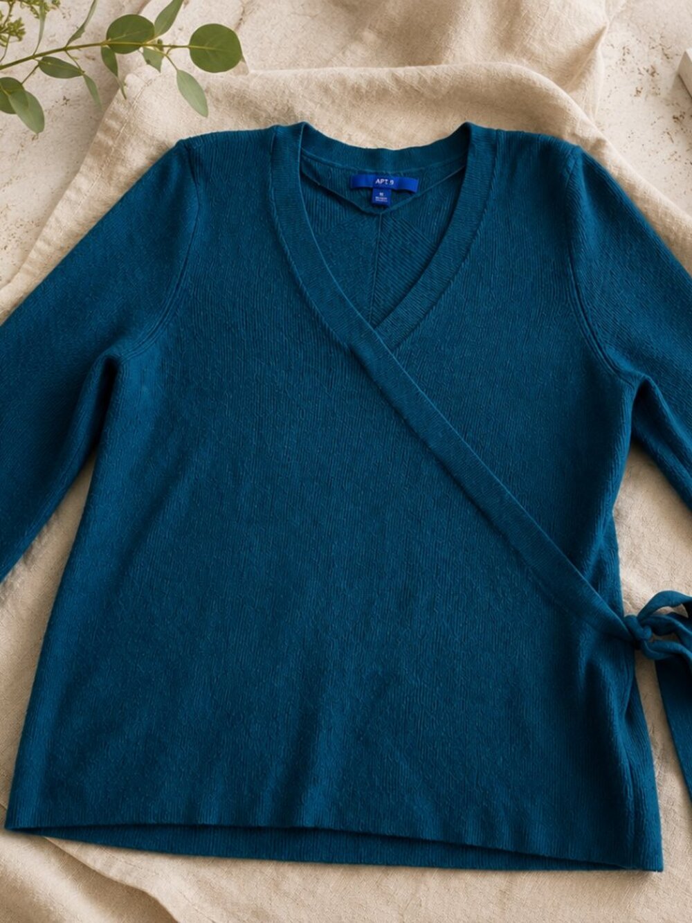 APT 9 Womens XL Teal Wrap Sweater Knit Side Tie 3/4 Sleeve V Neck Top